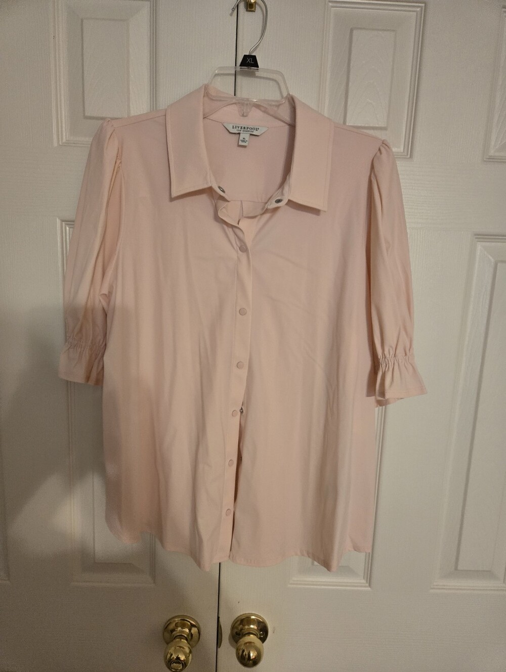 Liverpool Light Pink Snap Blouse with Ruffle Elbow Sleeves